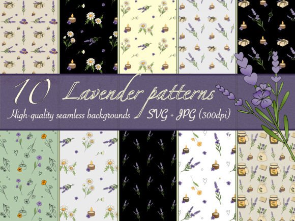 10 Lavender Botanical Seamless Patterns: Graphics & Patterns for Calm Branding