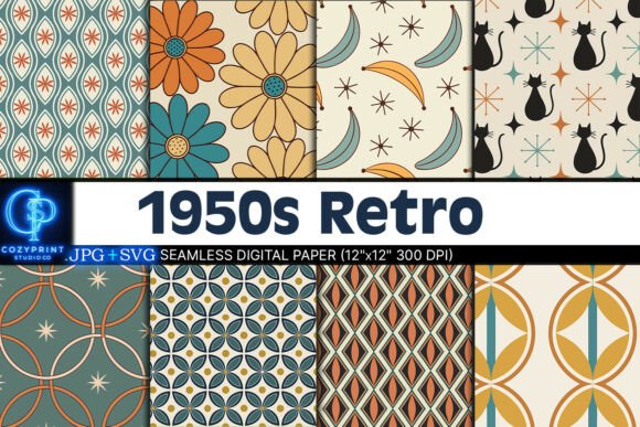 1950s Retro Patterns Digital Paper for Graphics and Design