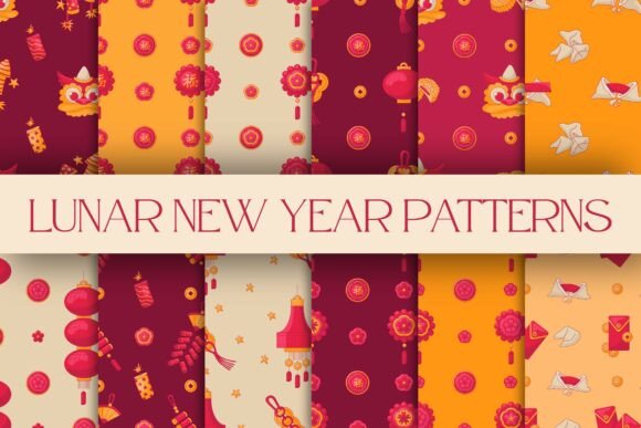 Lucky Symbols Lunar New Year Patterns: Festive Graphics & Seamless Patterns