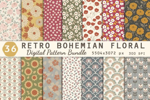 Retro Bohemian Floral Graphics & Patterns
