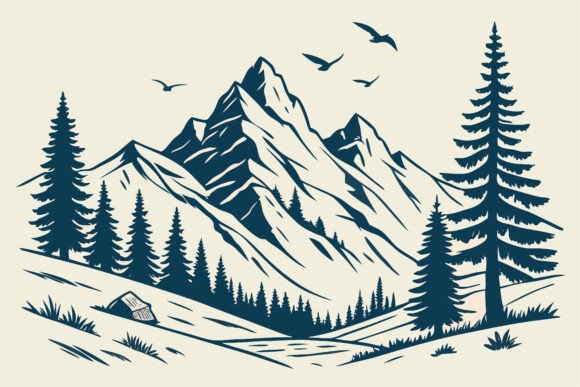 Serene Mountains with Pines Birds: Illustrations & Graphics