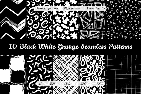 White Black Grunge Seamless Patterns for Graphics and Design